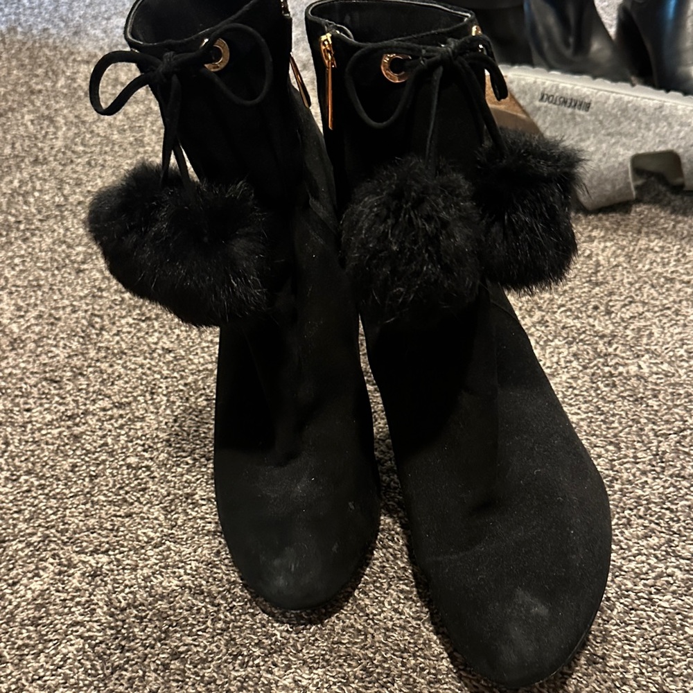 Michael Kors Black Heeled Boots with Pom Poms - Picture 2 of 4